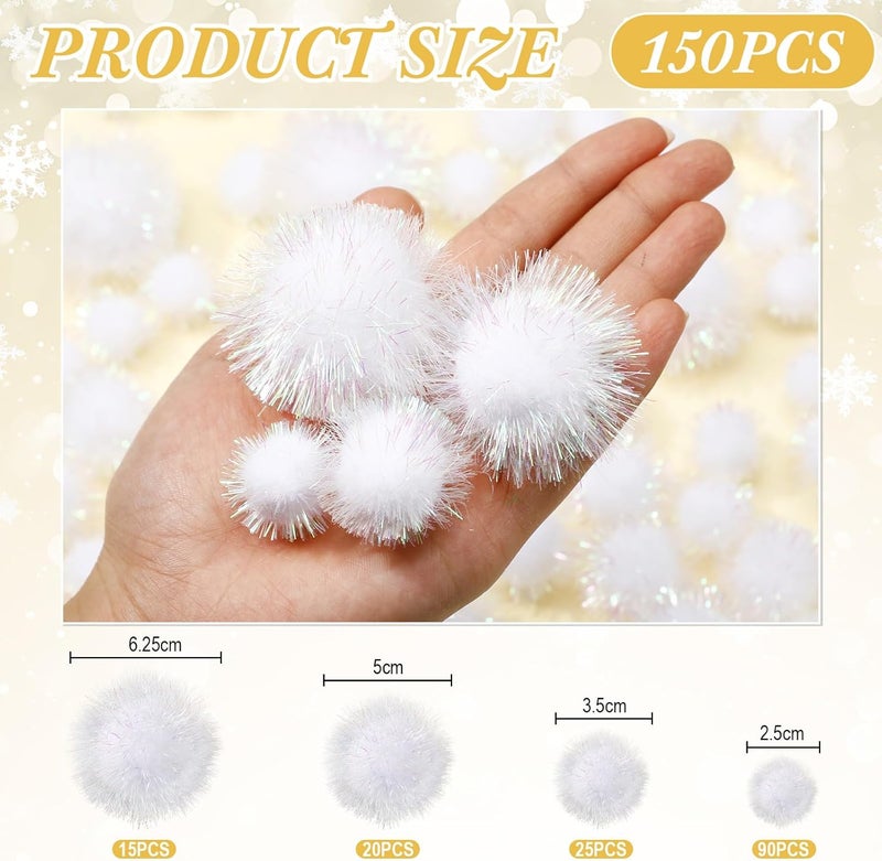 Knitgrip 150 Pcs Large Glitter Tinsel Pom Poms 2.5" 2" 1.4" 1" Christmas Pompom Balls Jumbo Glitter Balls for DIY Craft Making Christmas Decorations(White) - Image 2
